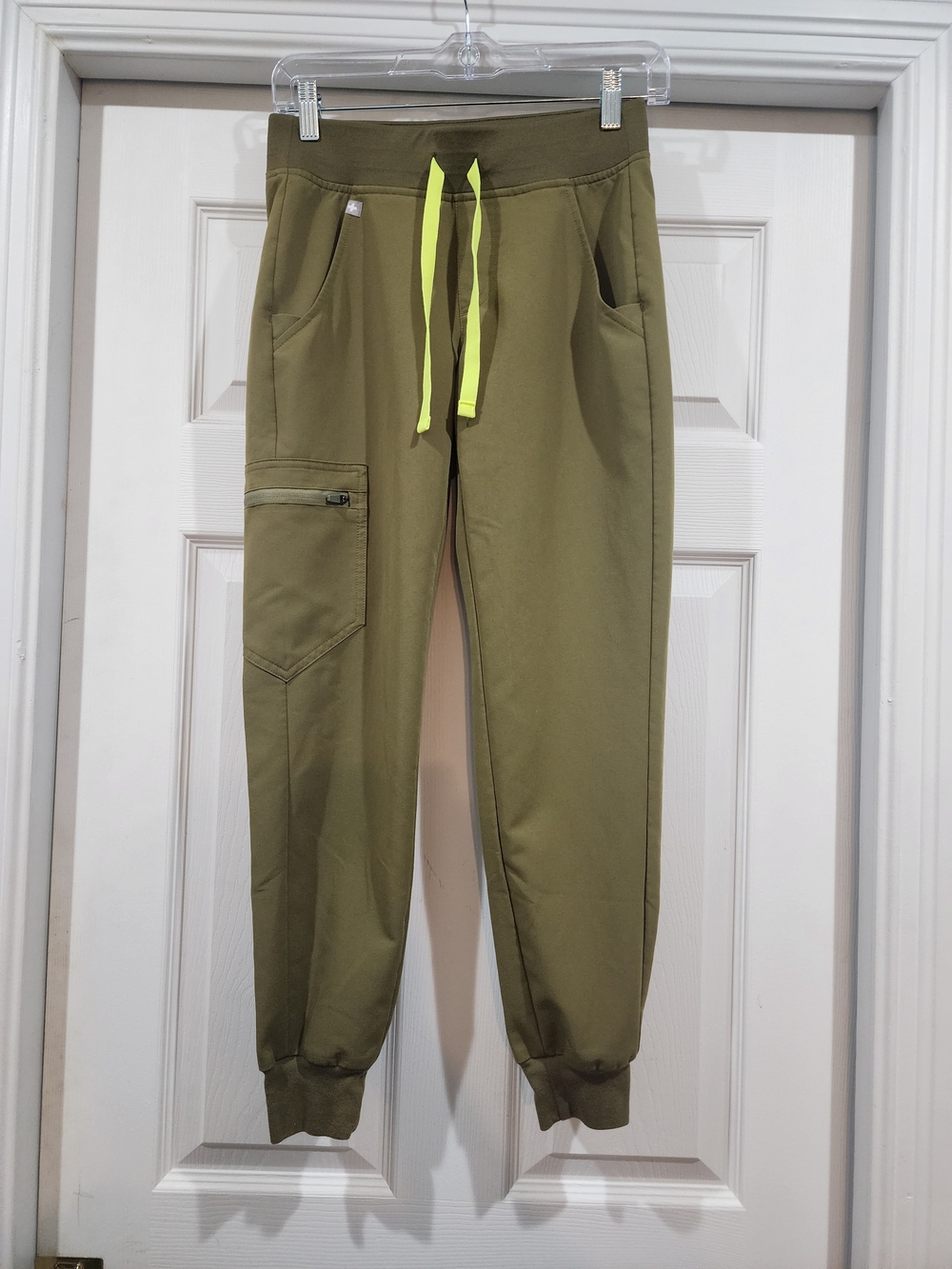 Figs Women's Olive Green Scrub Pants with Neon Drawstring